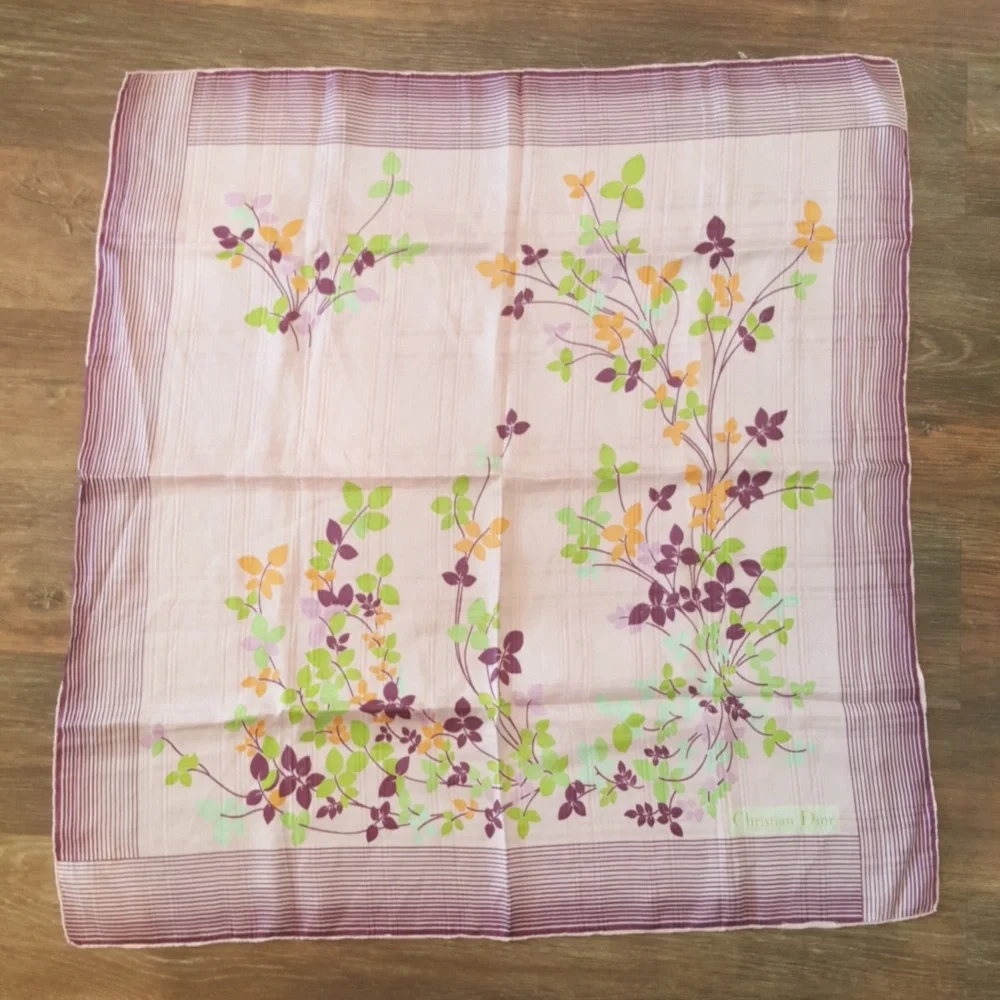 Vintage 70s Christian Dior Lavender Floral Motif Silk Scarf